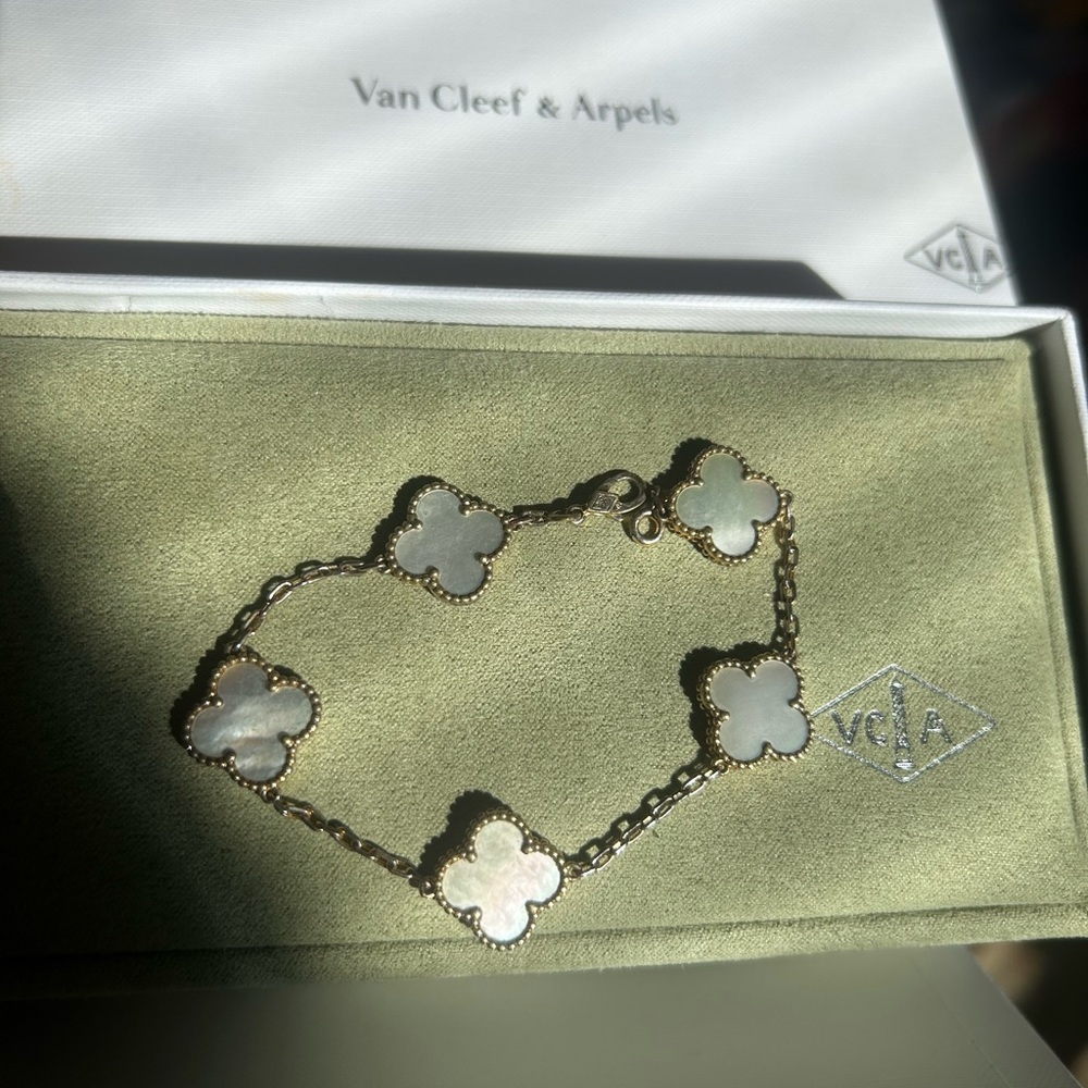 Van Cleef & Arpels Gold and White Clover Motif Bracelet